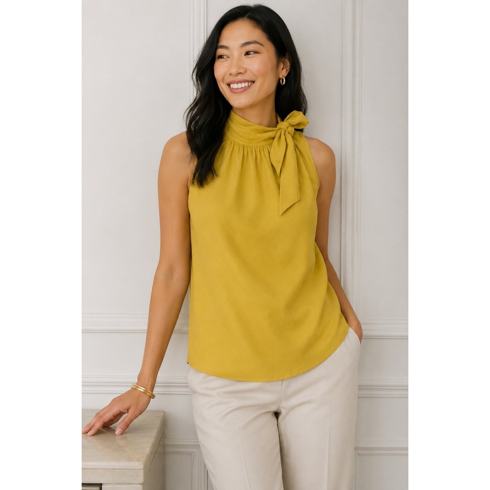 Ann Taylor Mustard Yellow Tie Neck Sleeveless Blouse Size Small 100% Rayon‎